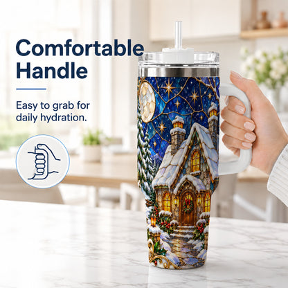 #pl[40oz|White] Winter Cottage 40oz Tumbler with Handle, Stained Glass Style