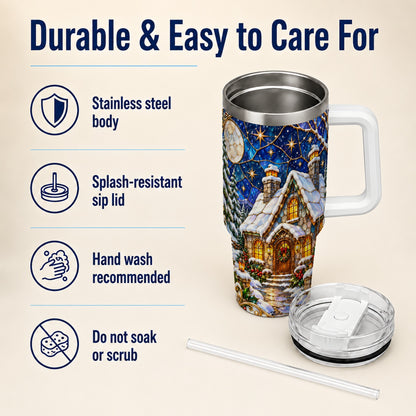 Winter Cottage 40oz Tumbler with Handle, Stained Glass Style