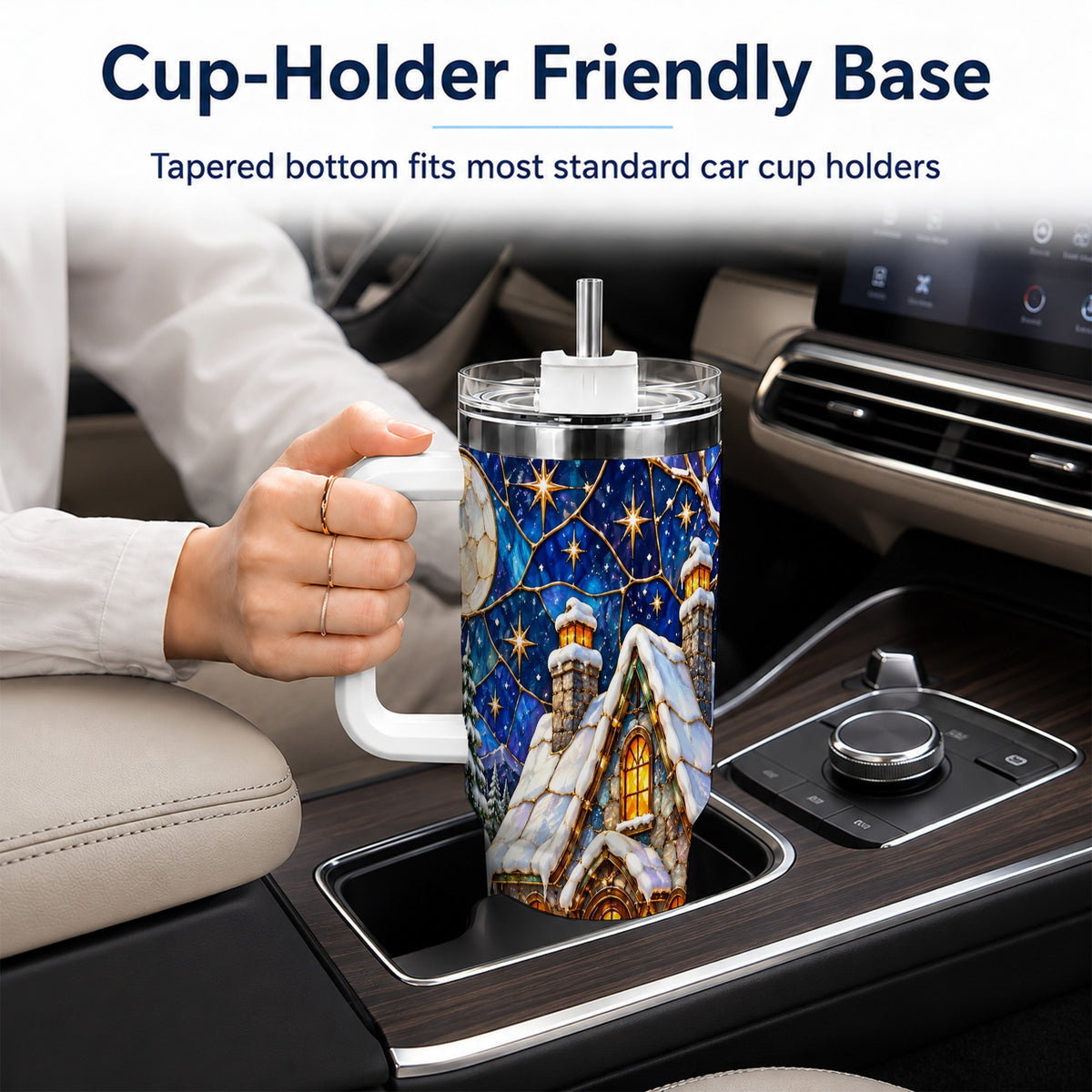 Winter Cottage 40oz Tumbler with Handle, Stained Glass Style