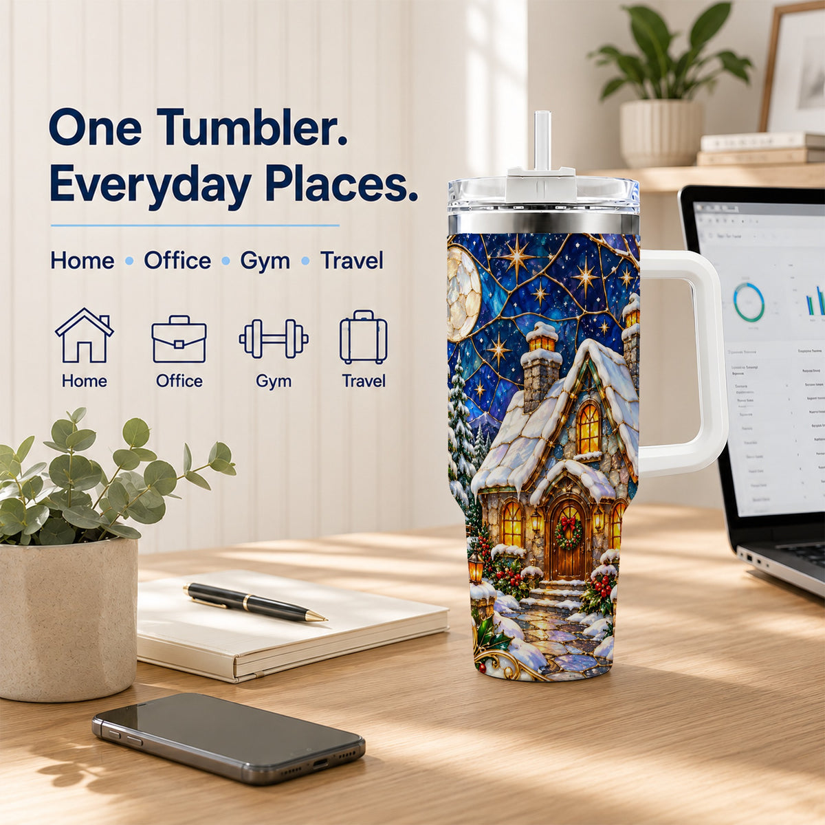 Winter Cottage 40oz Tumbler with Handle, Stained Glass Style