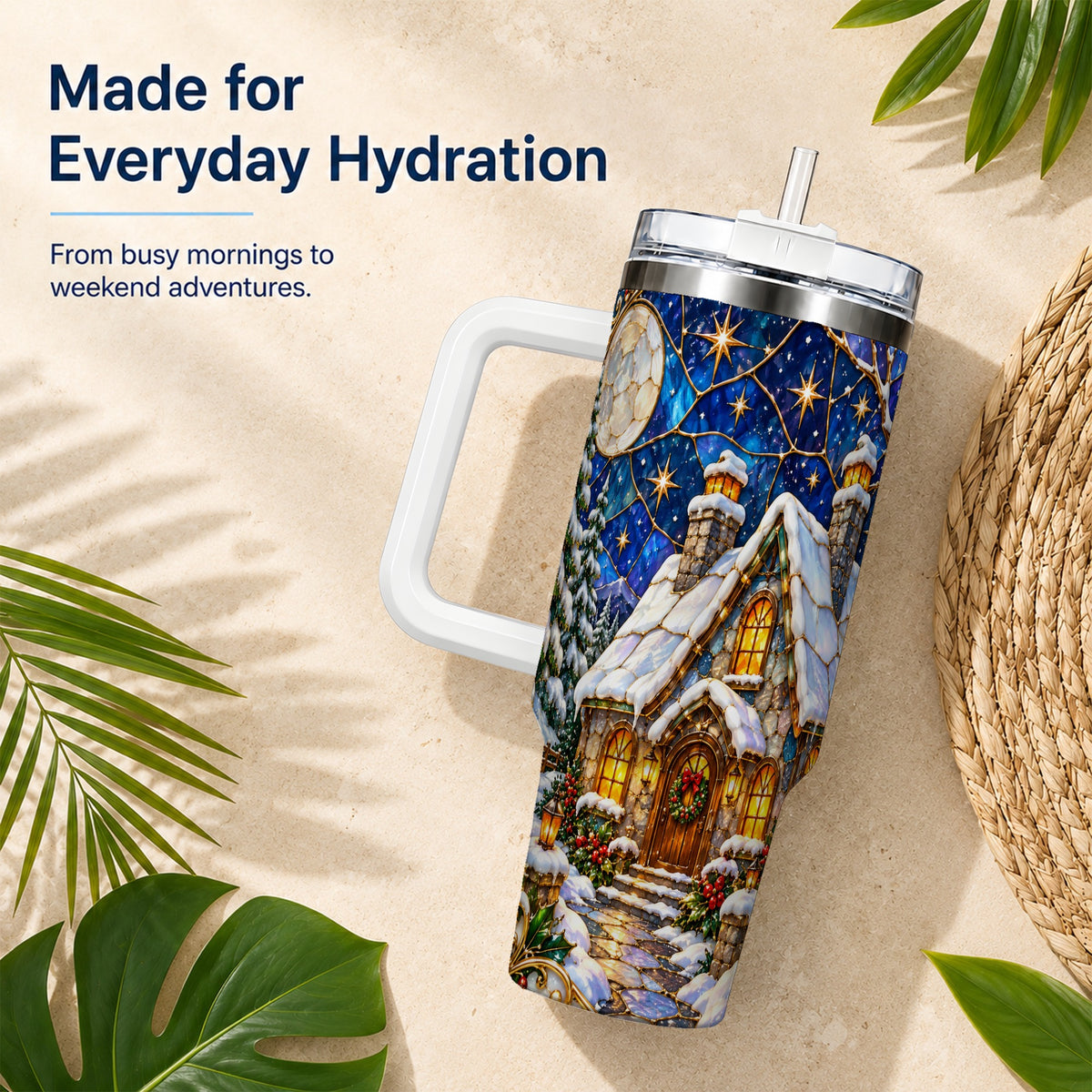 Winter Cottage 40oz Tumbler with Handle, Stained Glass Style