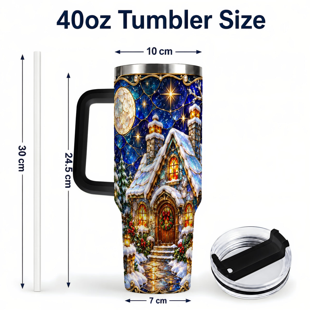 #pl[40oz|Black] Jeweled Cottage 40oz Tumbler with Handle, Stained Glass Style
