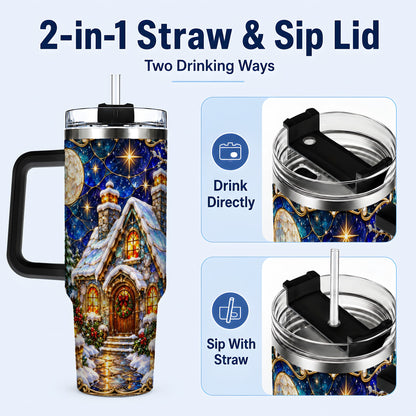 #pl[40oz|Black] Jeweled Cottage 40oz Tumbler with Handle, Stained Glass Style