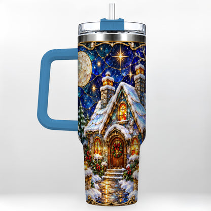 #pl[40oz|Blue] Jeweled Cottage 40oz Tumbler with Handle, Stained Glass Style