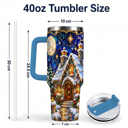 #pl[40oz|Blue] Jeweled Cottage 40oz Tumbler with Handle, Stained Glass Style