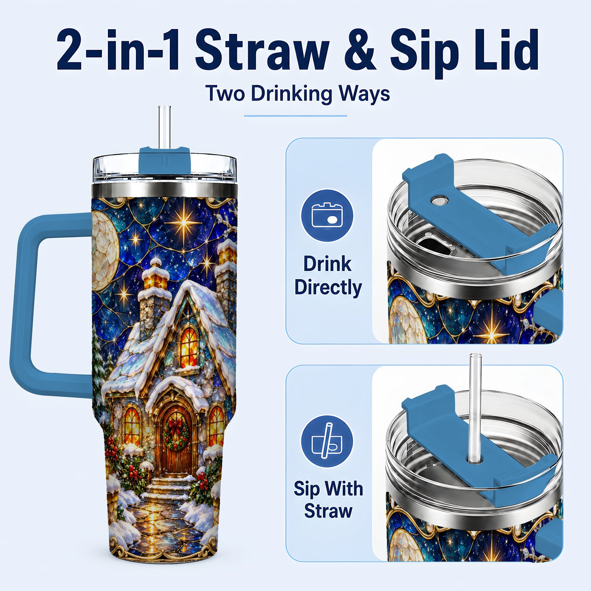 #pl[40oz|Blue] Jeweled Cottage 40oz Tumbler with Handle, Stained Glass Style