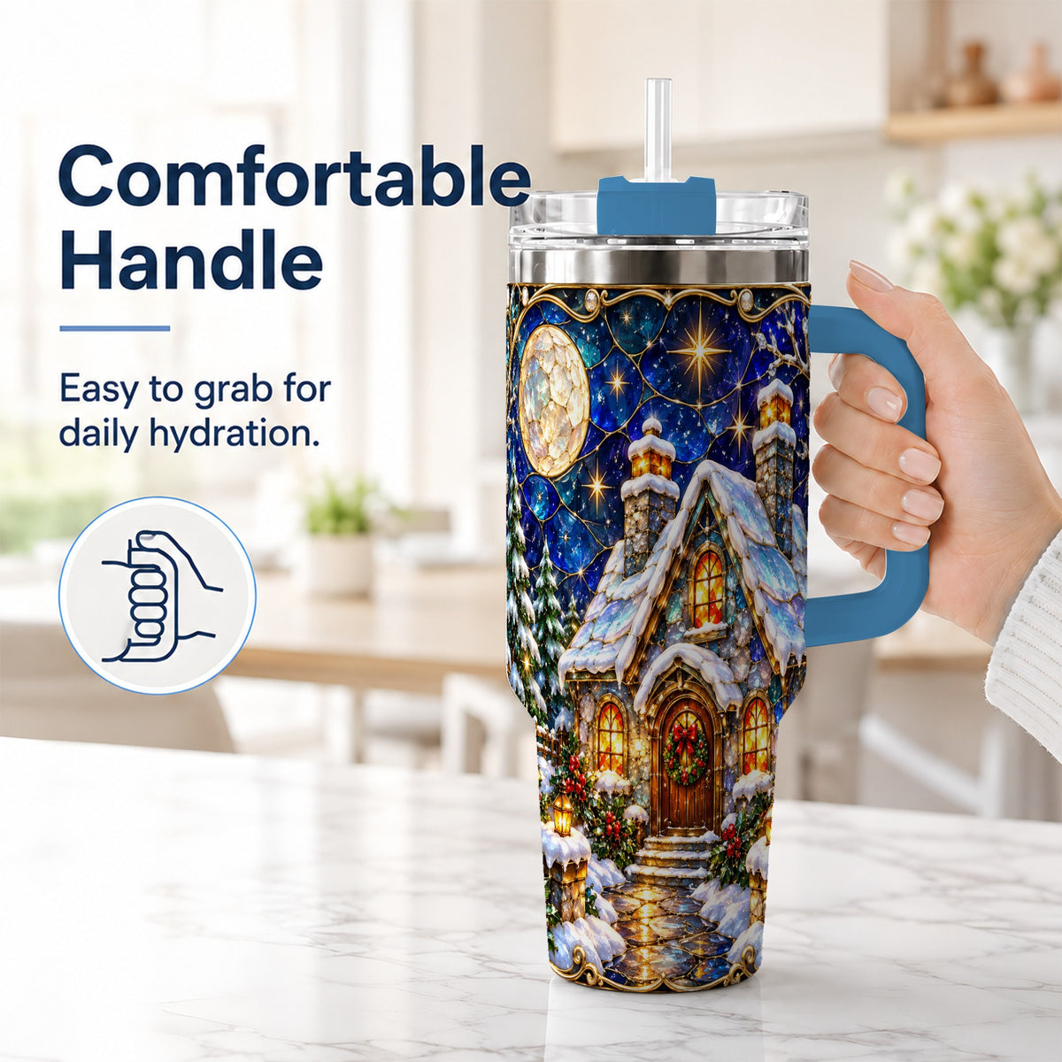 #pl[40oz|Blue] Jeweled Cottage 40oz Tumbler with Handle, Stained Glass Style