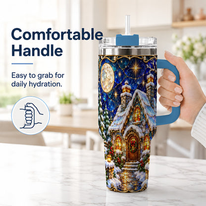 #pl[40oz|Blue] Jeweled Cottage 40oz Tumbler with Handle, Stained Glass Style