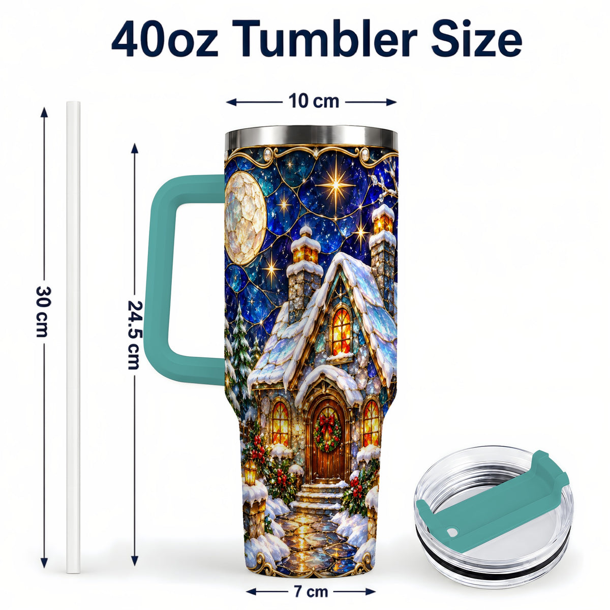 #pl[40oz|Green] Jeweled Cottage 40oz Tumbler with Handle, Stained Glass Style