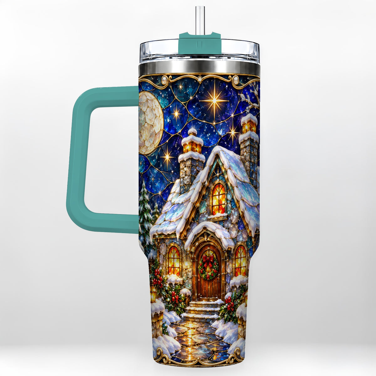 #pl[40oz|Green] Jeweled Cottage 40oz Tumbler with Handle, Stained Glass Style