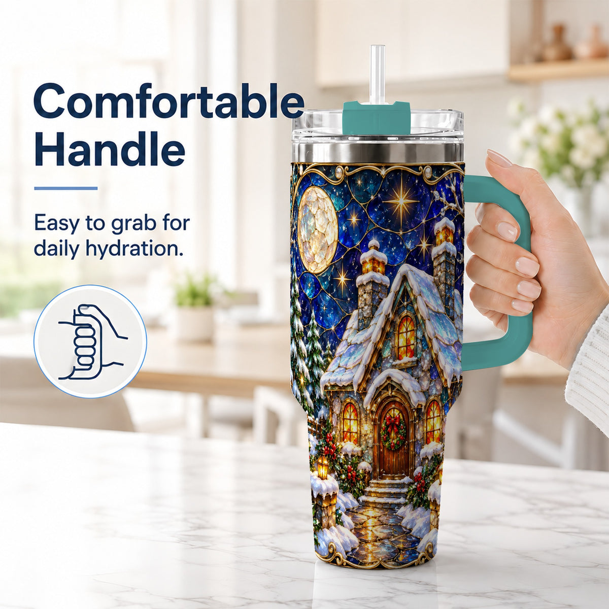 #pl[40oz|Green] Jeweled Cottage 40oz Tumbler with Handle, Stained Glass Style