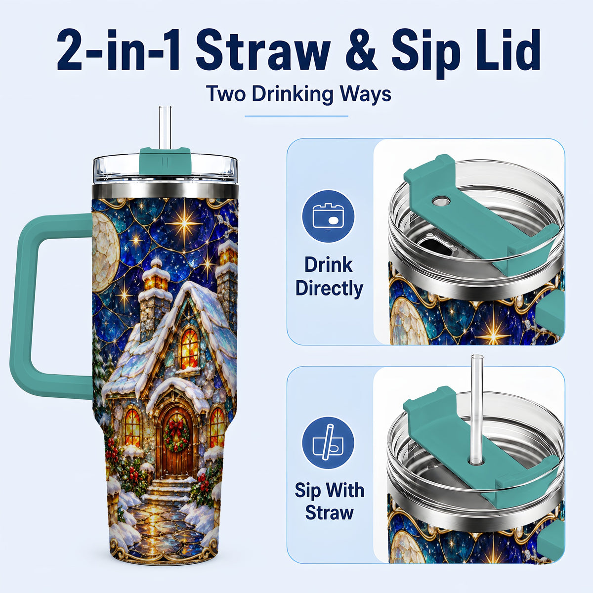 #pl[40oz|Green] Jeweled Cottage 40oz Tumbler with Handle, Stained Glass Style