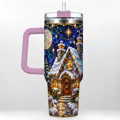 #pl[40oz|Pink] Jeweled Cottage 40oz Tumbler with Handle, Stained Glass Style