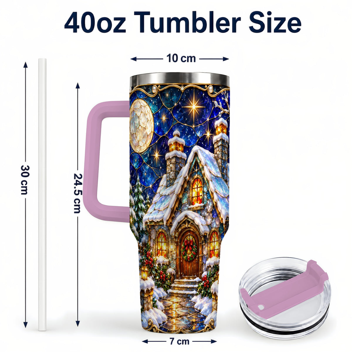 #pl[40oz|Pink] Jeweled Cottage 40oz Tumbler with Handle, Stained Glass Style