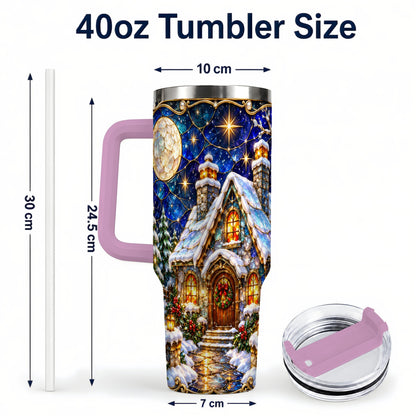 #pl[40oz|Pink] Jeweled Cottage 40oz Tumbler with Handle, Stained Glass Style