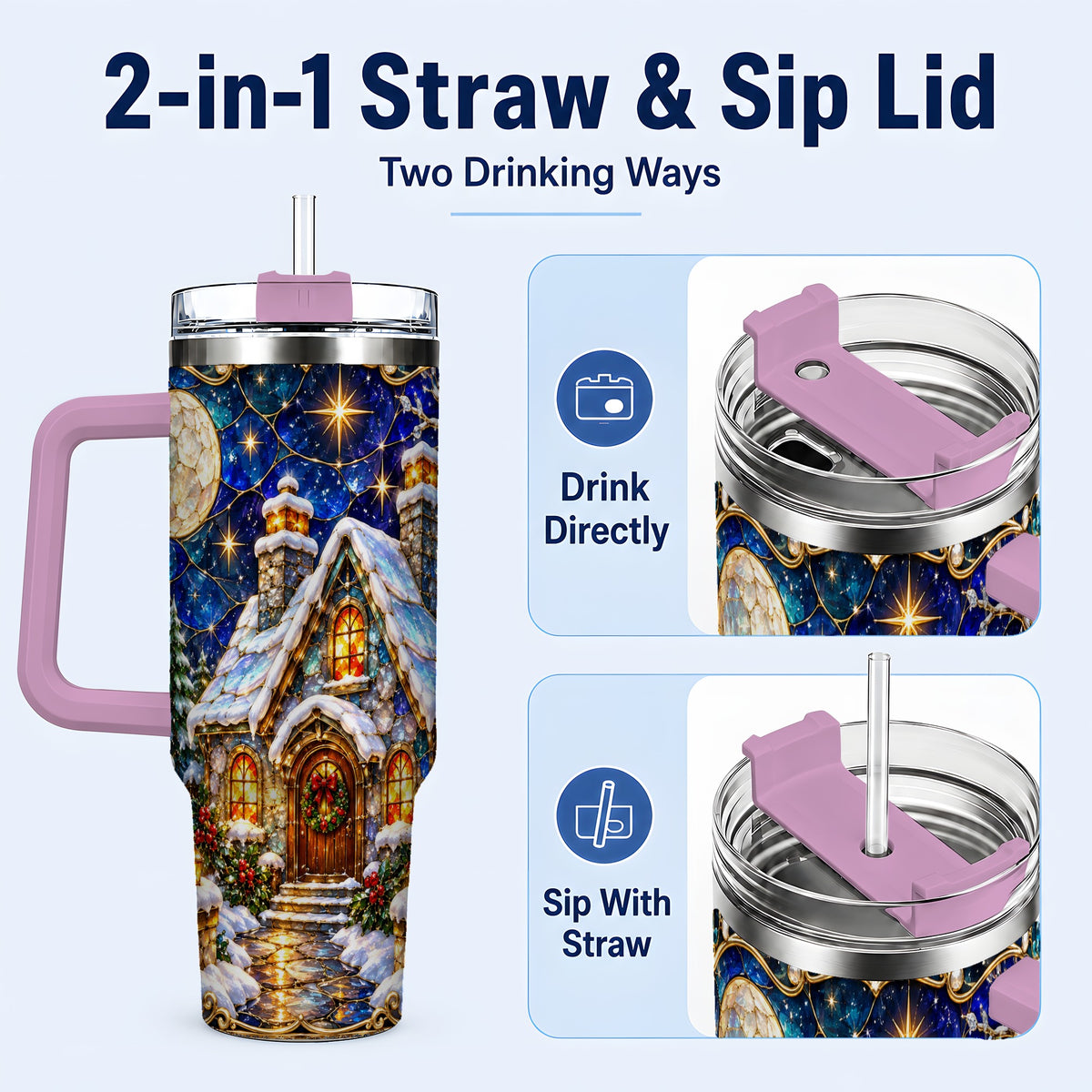 #pl[40oz|Pink] Jeweled Cottage 40oz Tumbler with Handle, Stained Glass Style