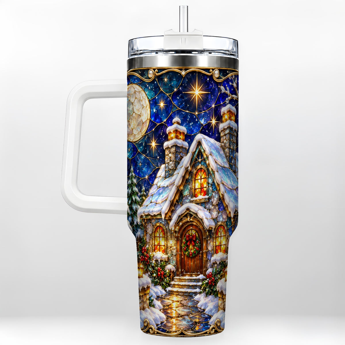 Jeweled Cottage 40oz Tumbler with Handle, Stained Glass Style