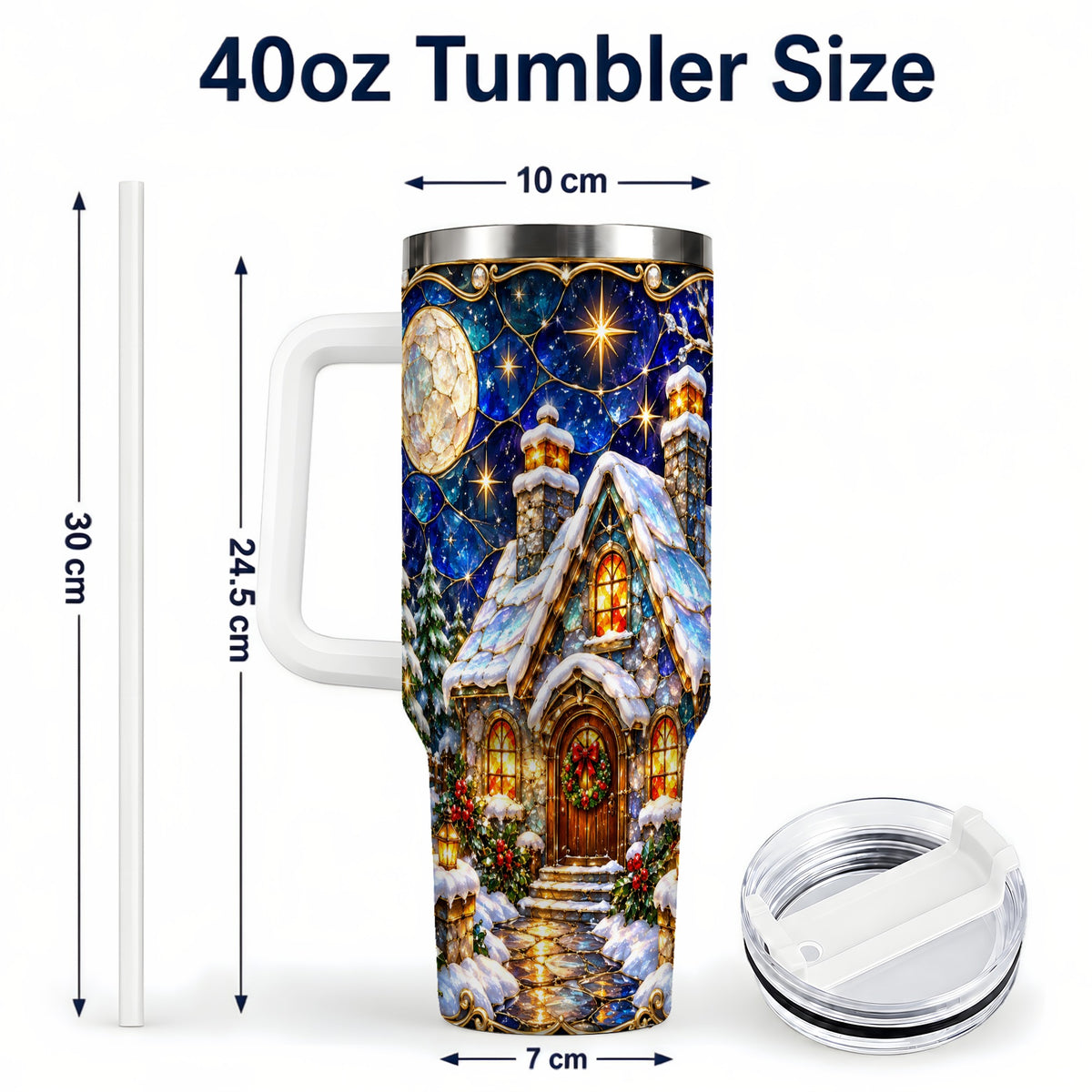 #pl[40oz|White] Jeweled Cottage 40oz Tumbler with Handle, Stained Glass Style