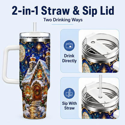 #pl[40oz|White] Jeweled Cottage 40oz Tumbler with Handle, Stained Glass Style