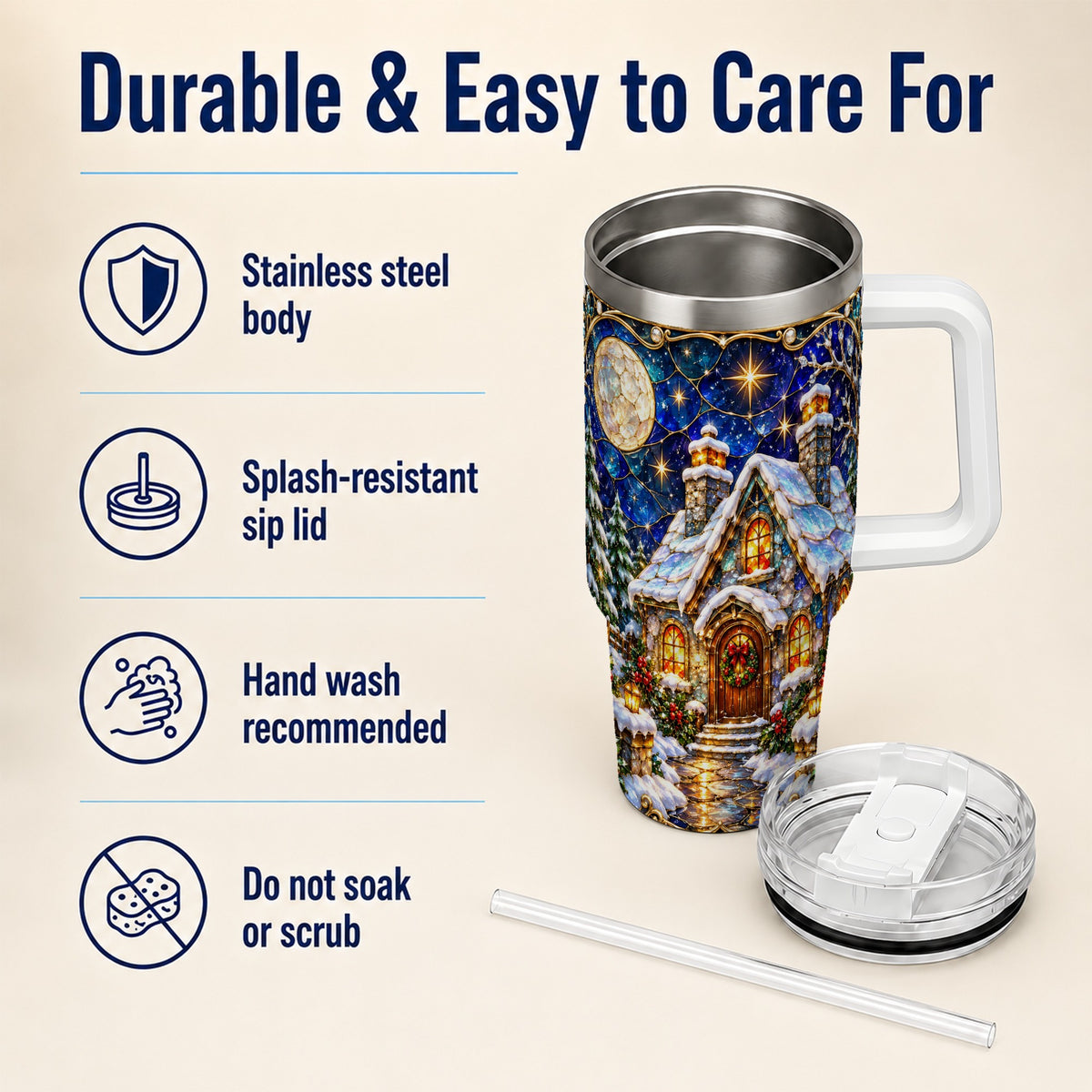 Jeweled Cottage 40oz Tumbler with Handle, Stained Glass Style