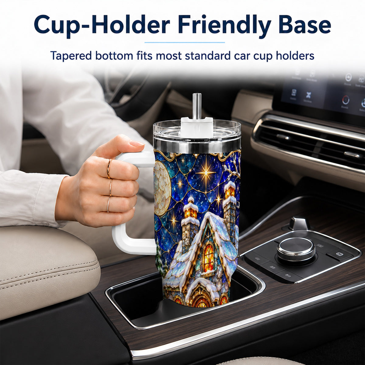 Jeweled Cottage 40oz Tumbler with Handle, Stained Glass Style