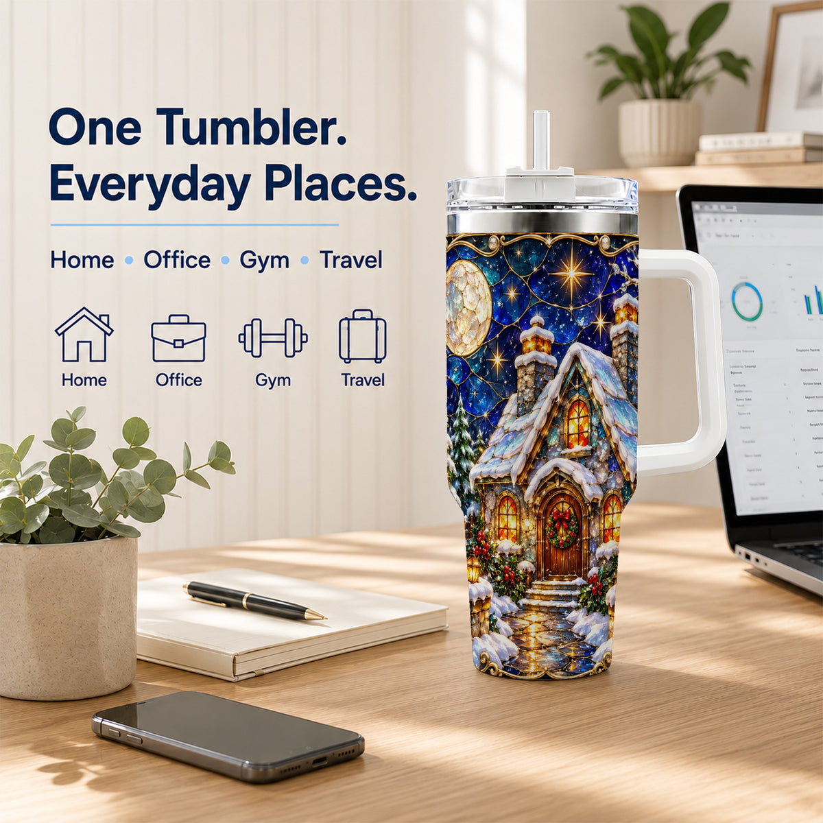 Jeweled Cottage 40oz Tumbler with Handle, Stained Glass Style