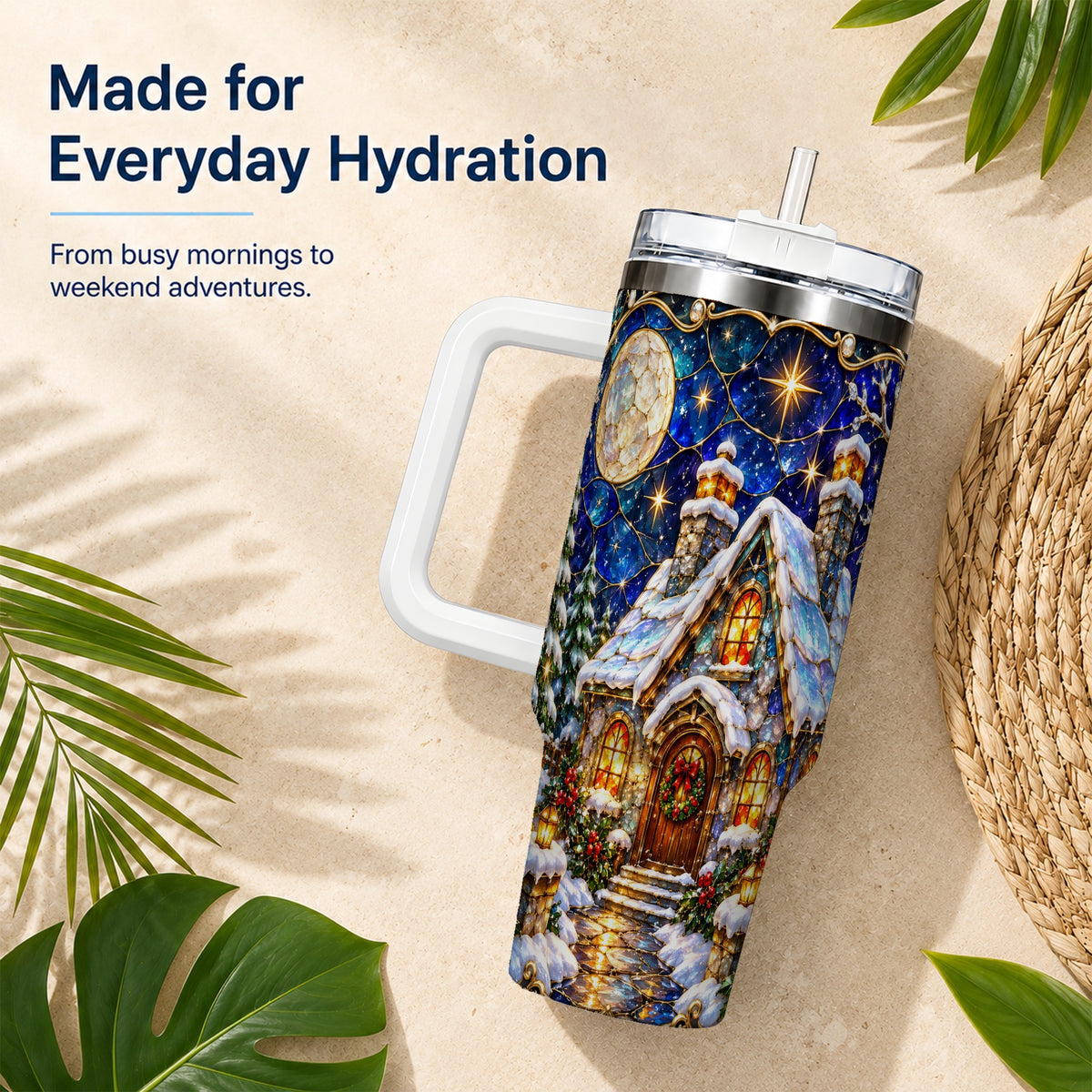 Jeweled Cottage 40oz Tumbler with Handle, Stained Glass Style