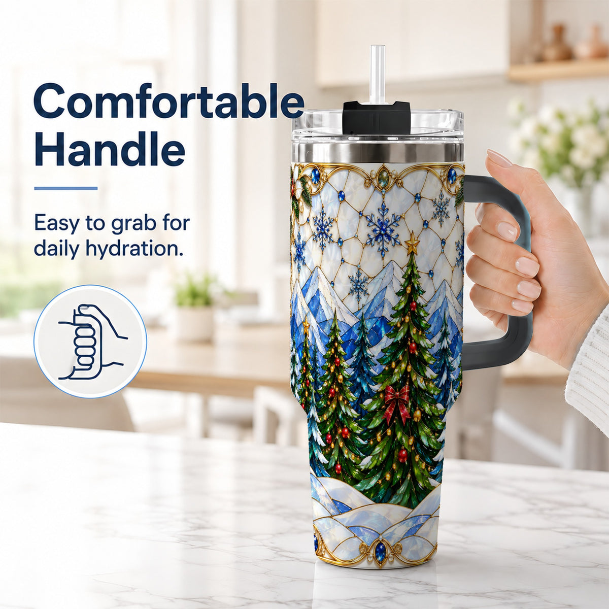#pl[40oz|Black] Christmas Forest 40oz Tumbler with Handle, Mountain Winter Theme