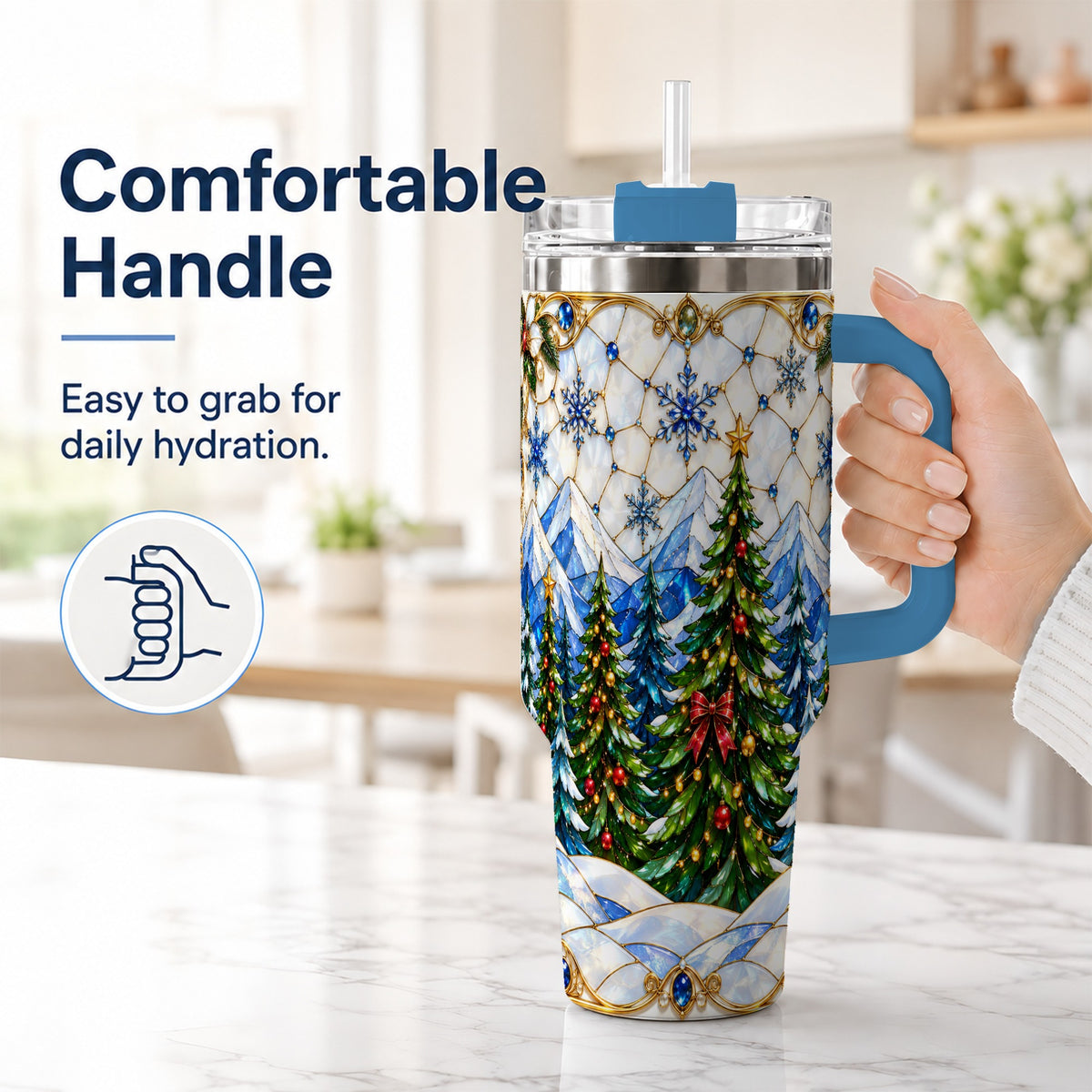#pl[40oz|Blue] Christmas Forest 40oz Tumbler with Handle, Mountain Winter Theme