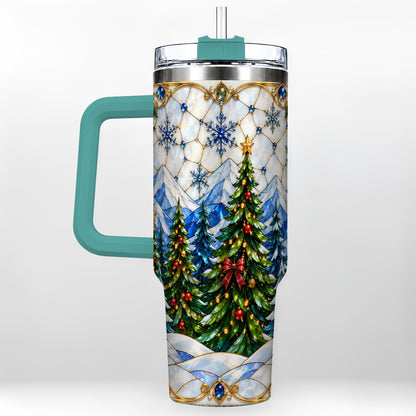 #pl[40oz|Green] Christmas Forest 40oz Tumbler with Handle, Mountain Winter Theme