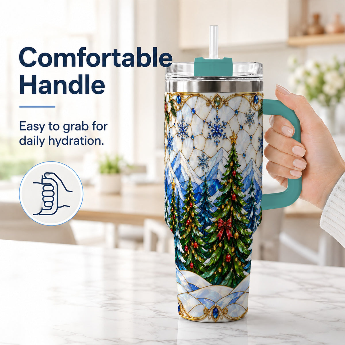 #pl[40oz|Green] Christmas Forest 40oz Tumbler with Handle, Mountain Winter Theme