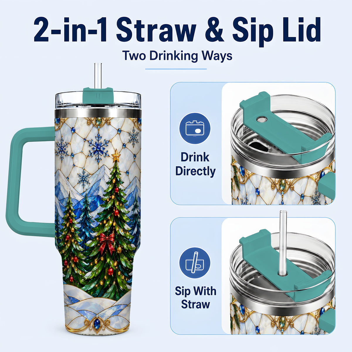 #pl[40oz|Green] Christmas Forest 40oz Tumbler with Handle, Mountain Winter Theme