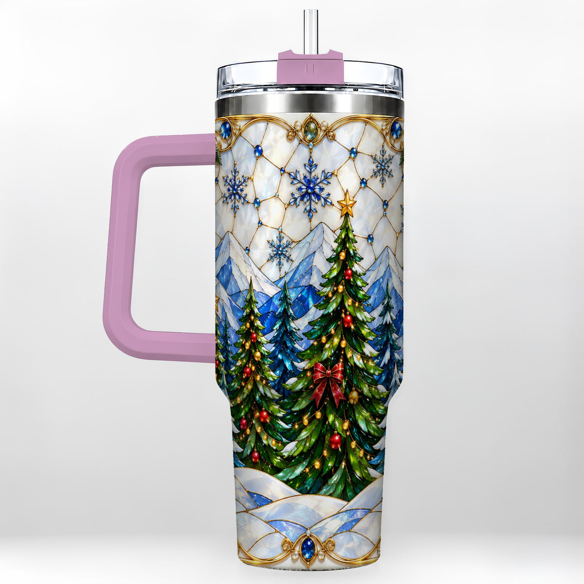 #pl[40oz|Pink] Christmas Forest 40oz Tumbler with Handle, Mountain Winter Theme