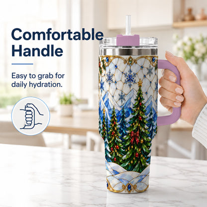 #pl[40oz|Pink] Christmas Forest 40oz Tumbler with Handle, Mountain Winter Theme