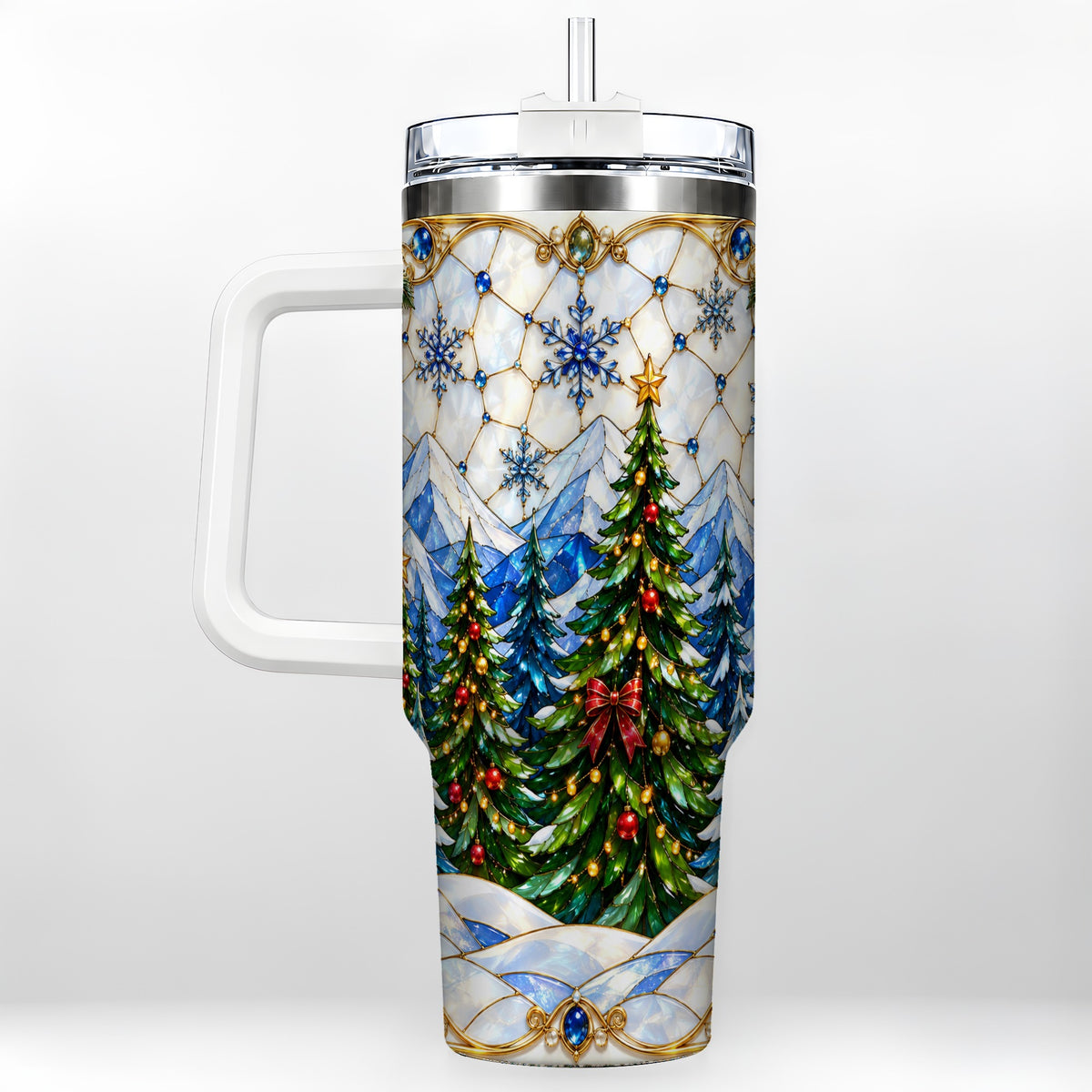 Christmas Forest 40oz Tumbler with Handle, Mountain Winter Theme