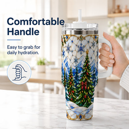 #pl[40oz|White] Christmas Forest 40oz Tumbler with Handle, Mountain Winter Theme
