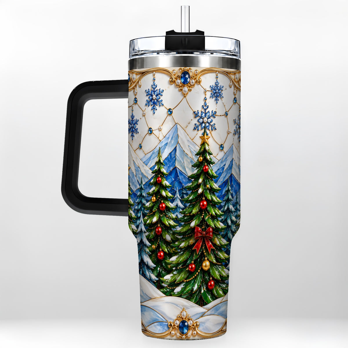 #pl[40oz|Black] Christmas Tree 40oz Tumbler with Handle, Winter Stainless Steel Travel Cup