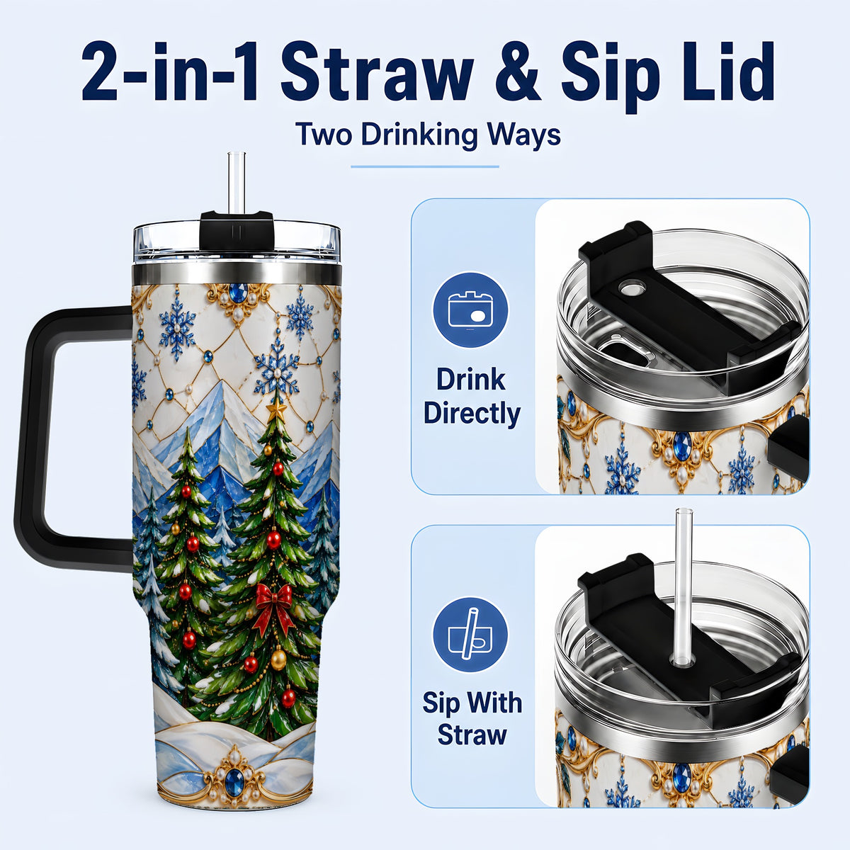 #pl[40oz|Black] Christmas Tree 40oz Tumbler with Handle, Winter Stainless Steel Travel Cup