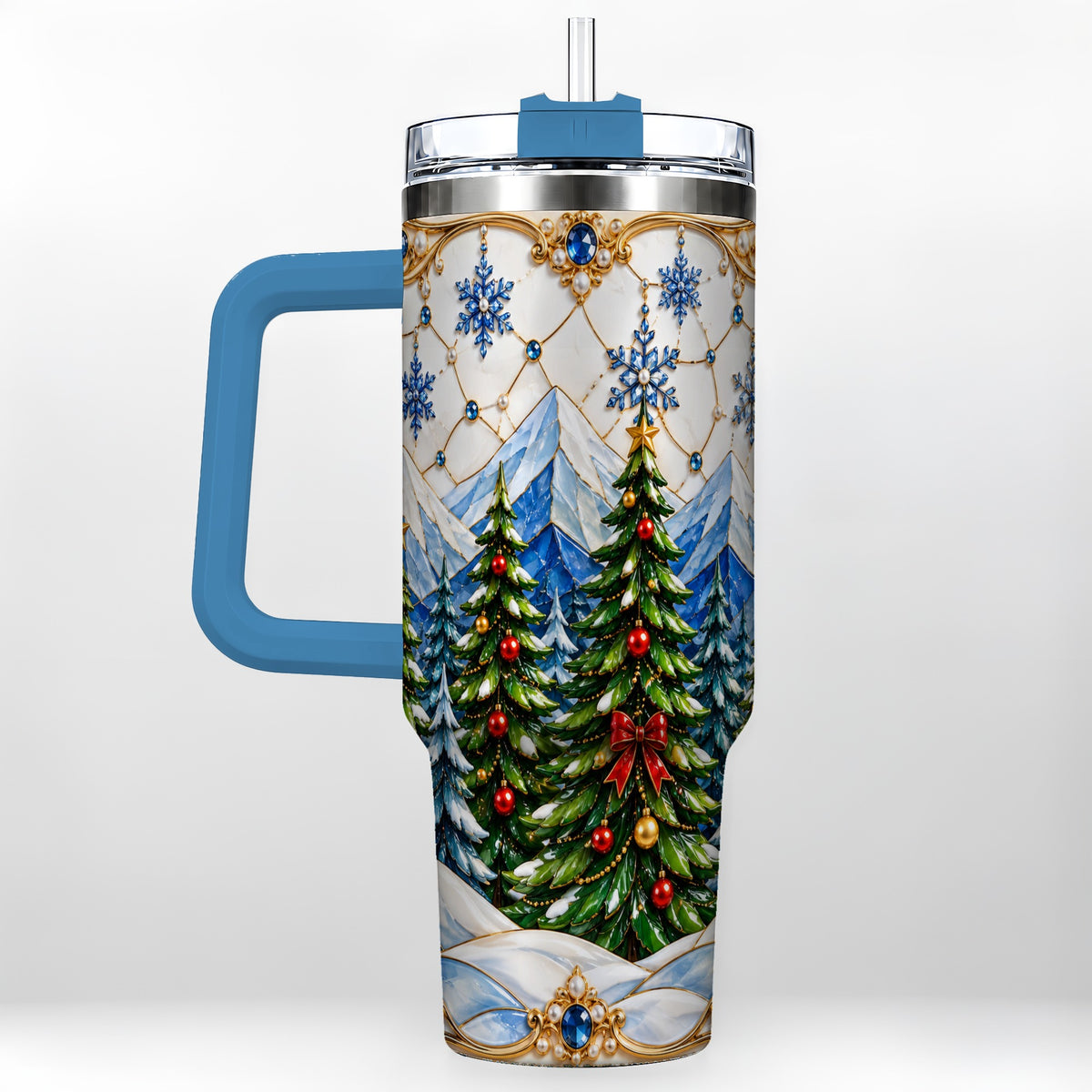 #pl[40oz|Blue] Christmas Tree 40oz Tumbler with Handle, Winter Stainless Steel Travel Cup