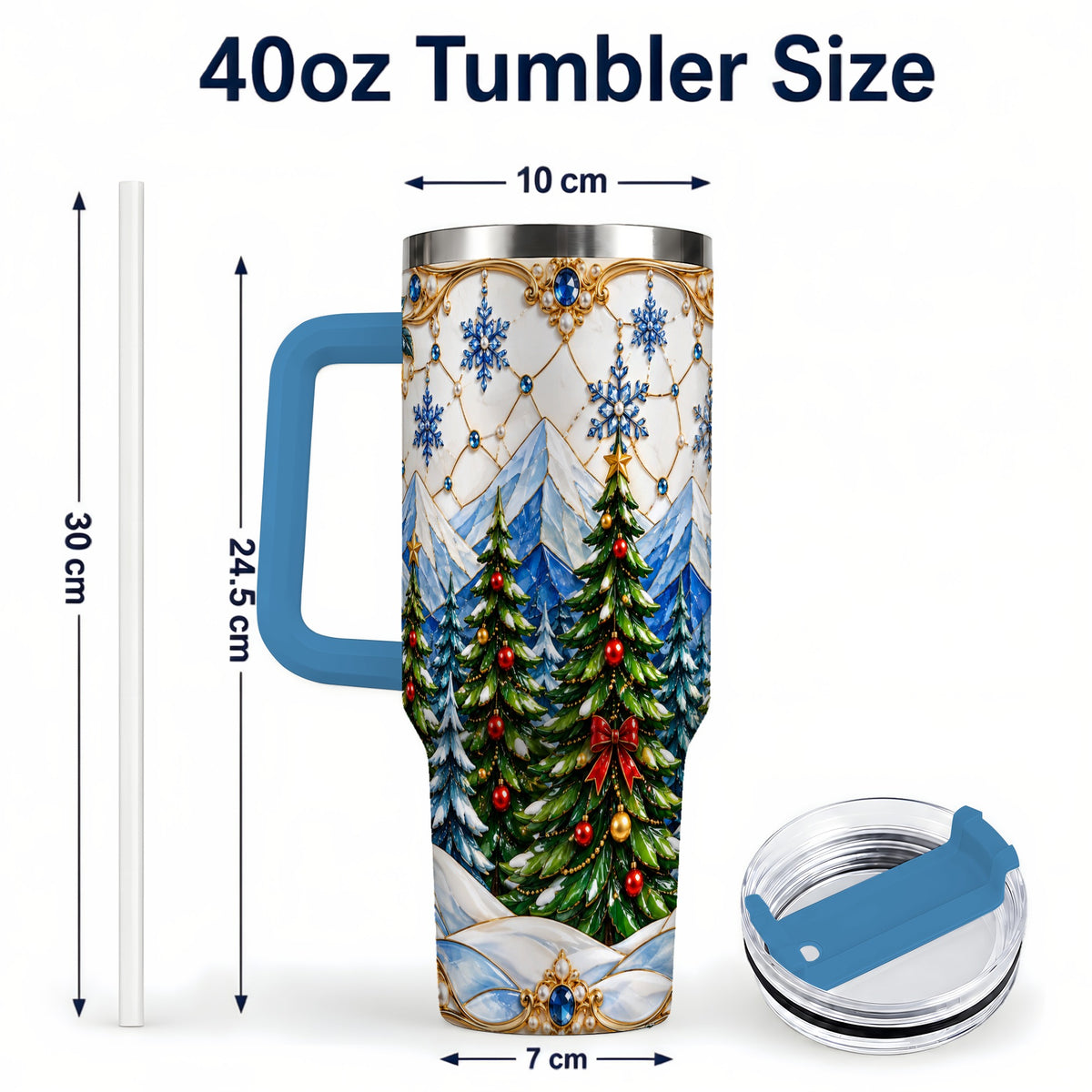 #pl[40oz|Blue] Christmas Tree 40oz Tumbler with Handle, Winter Stainless Steel Travel Cup