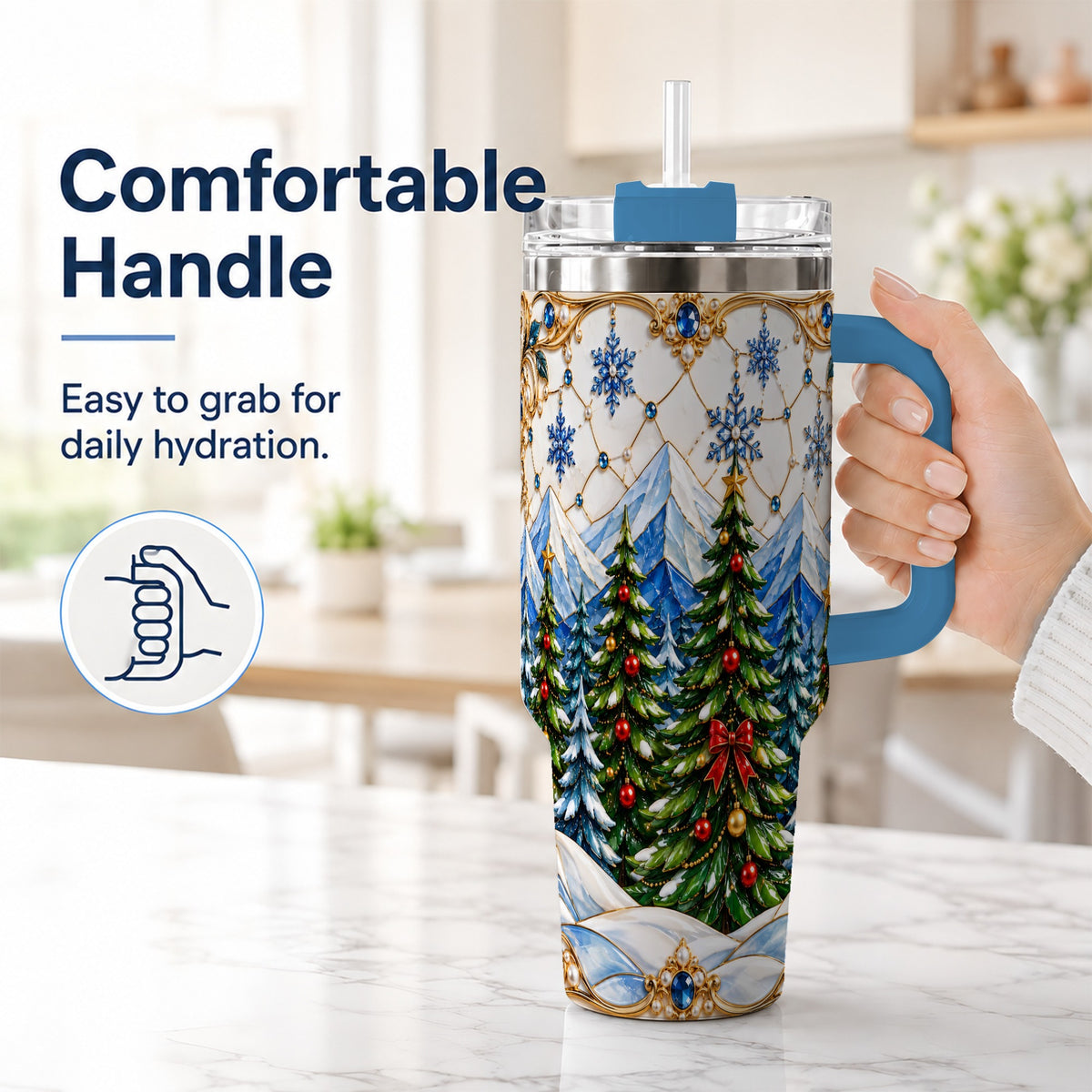 #pl[40oz|Blue] Christmas Tree 40oz Tumbler with Handle, Winter Stainless Steel Travel Cup