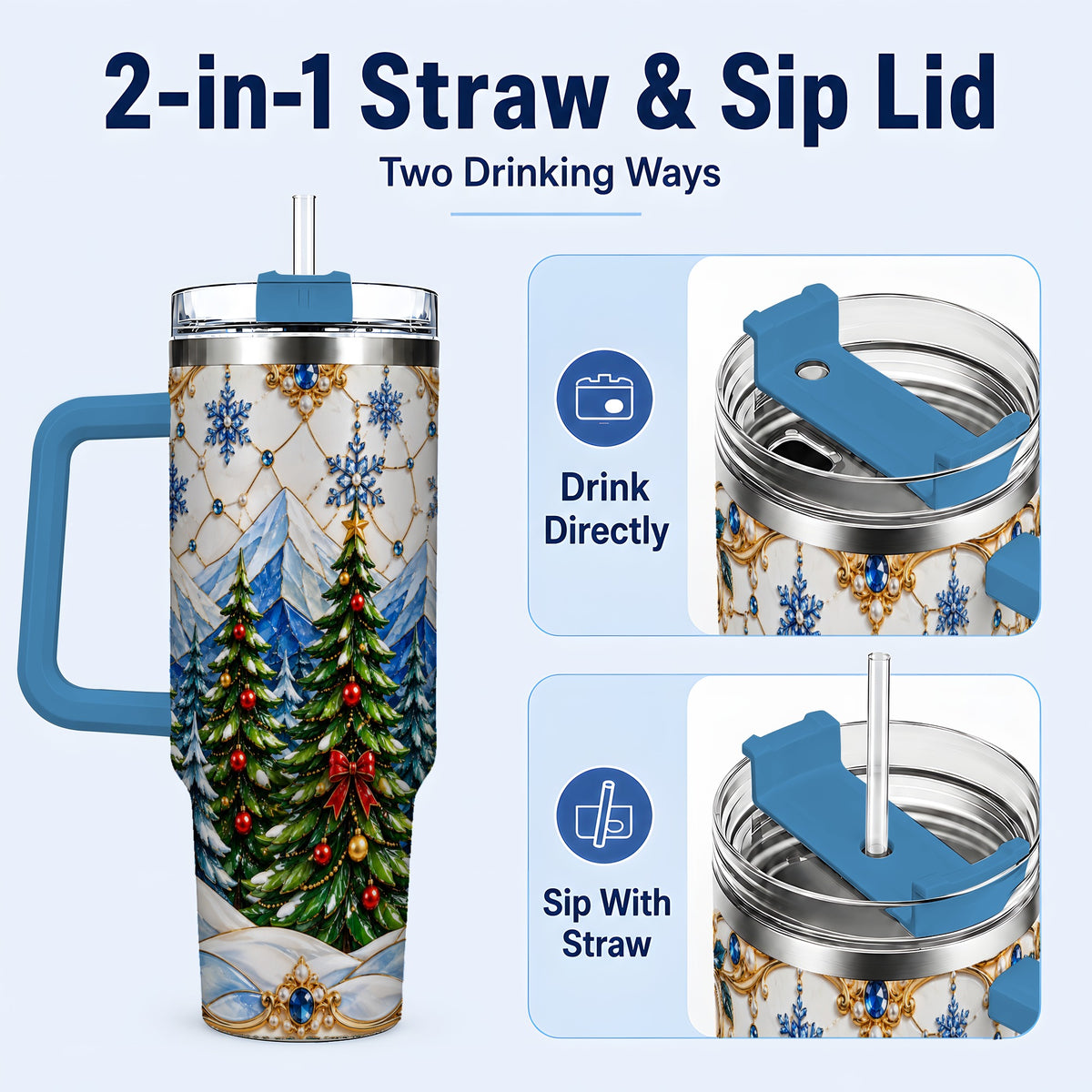 #pl[40oz|Blue] Christmas Tree 40oz Tumbler with Handle, Winter Stainless Steel Travel Cup
