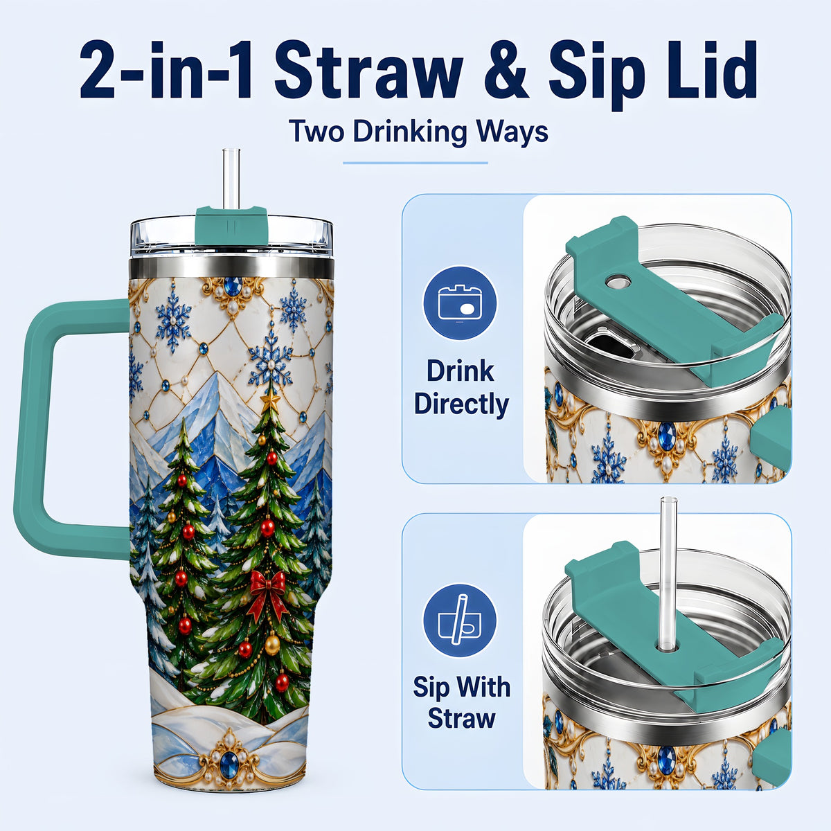 #pl[40oz|Green] Christmas Tree 40oz Tumbler with Handle, Winter Stainless Steel Travel Cup