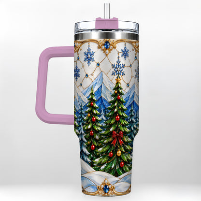 #pl[40oz|Pink] Christmas Tree 40oz Tumbler with Handle, Winter Stainless Steel Travel Cup