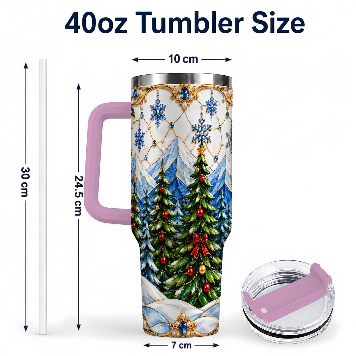 #pl[40oz|Pink] Christmas Tree 40oz Tumbler with Handle, Winter Stainless Steel Travel Cup