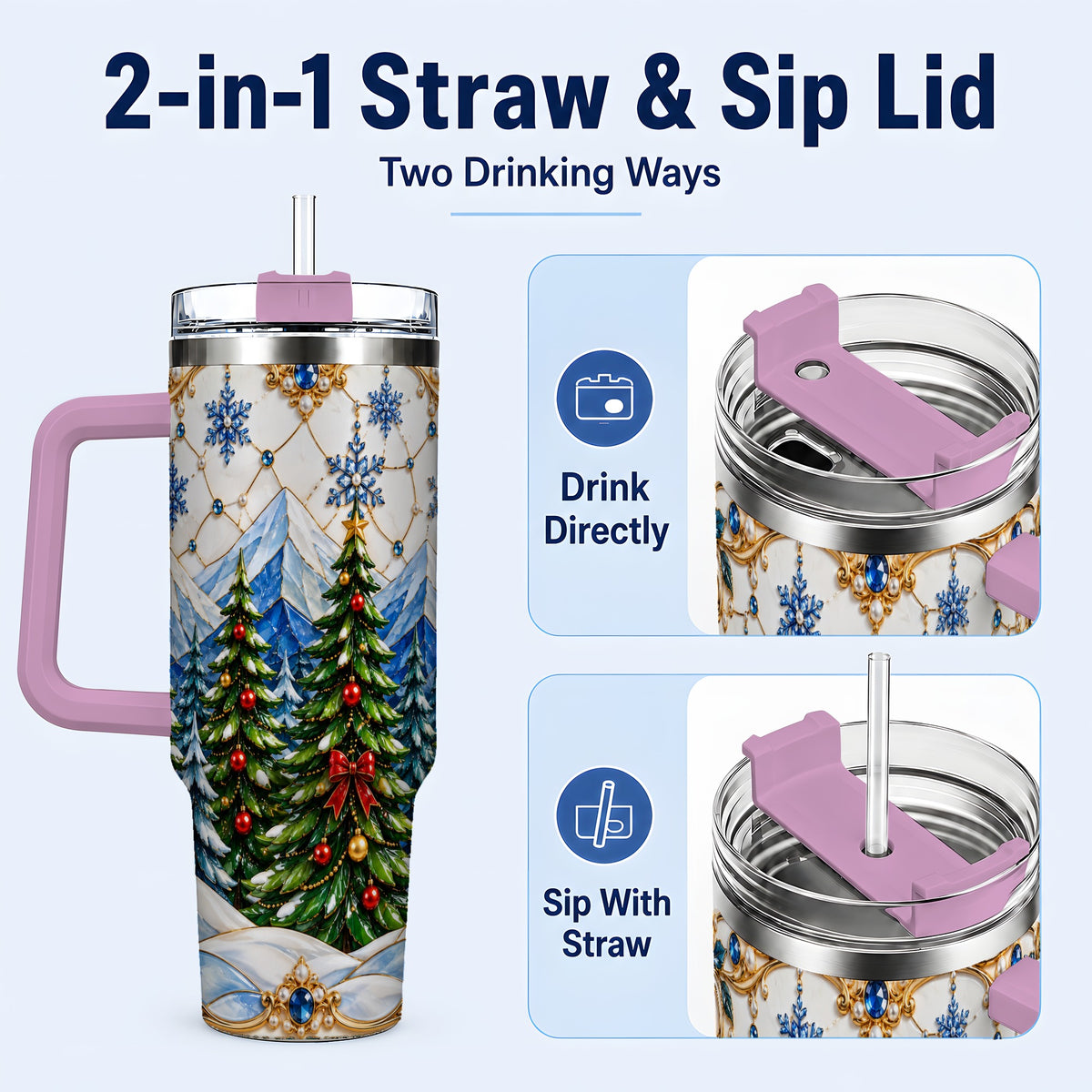 #pl[40oz|Pink] Christmas Tree 40oz Tumbler with Handle, Winter Stainless Steel Travel Cup