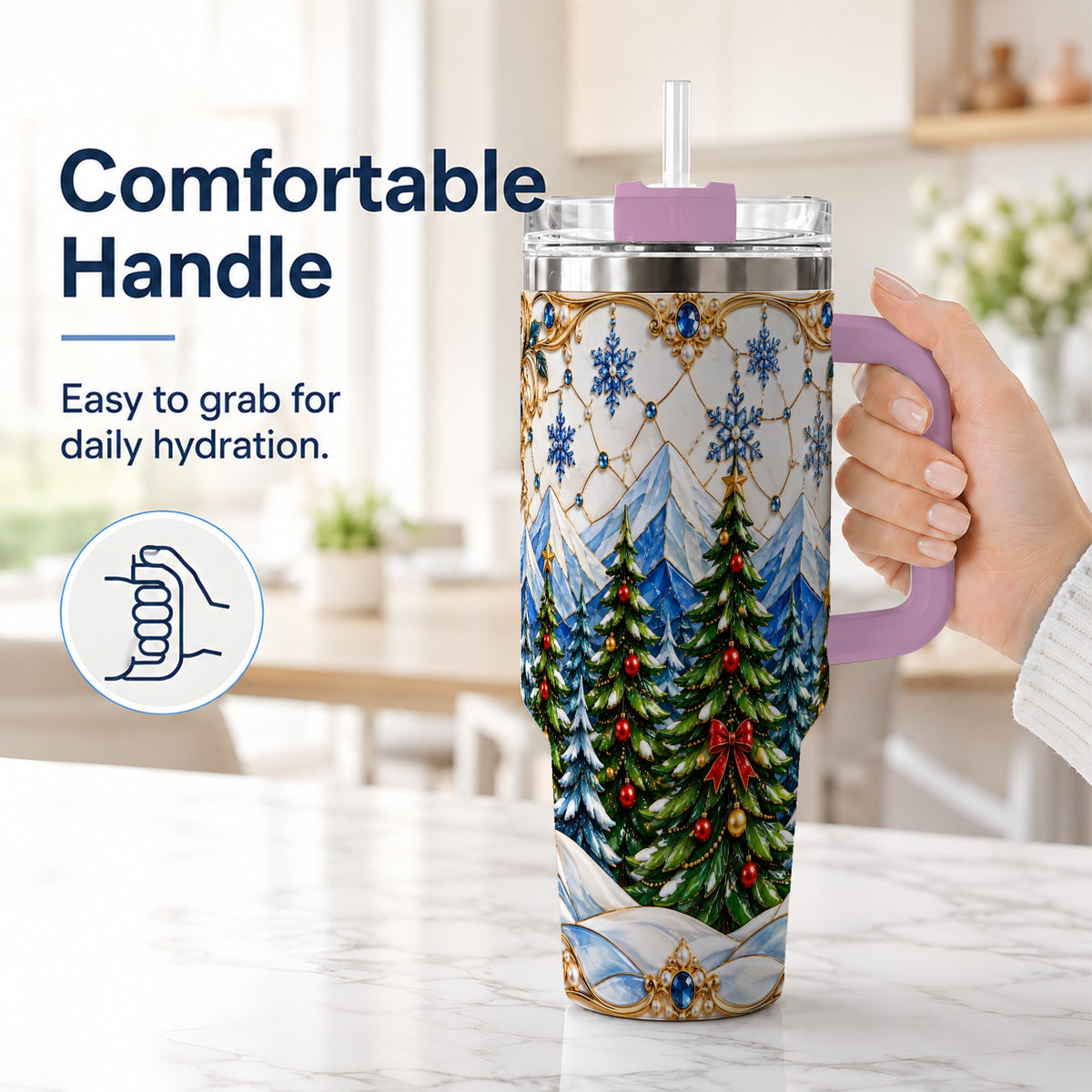 #pl[40oz|Pink] Christmas Tree 40oz Tumbler with Handle, Winter Stainless Steel Travel Cup