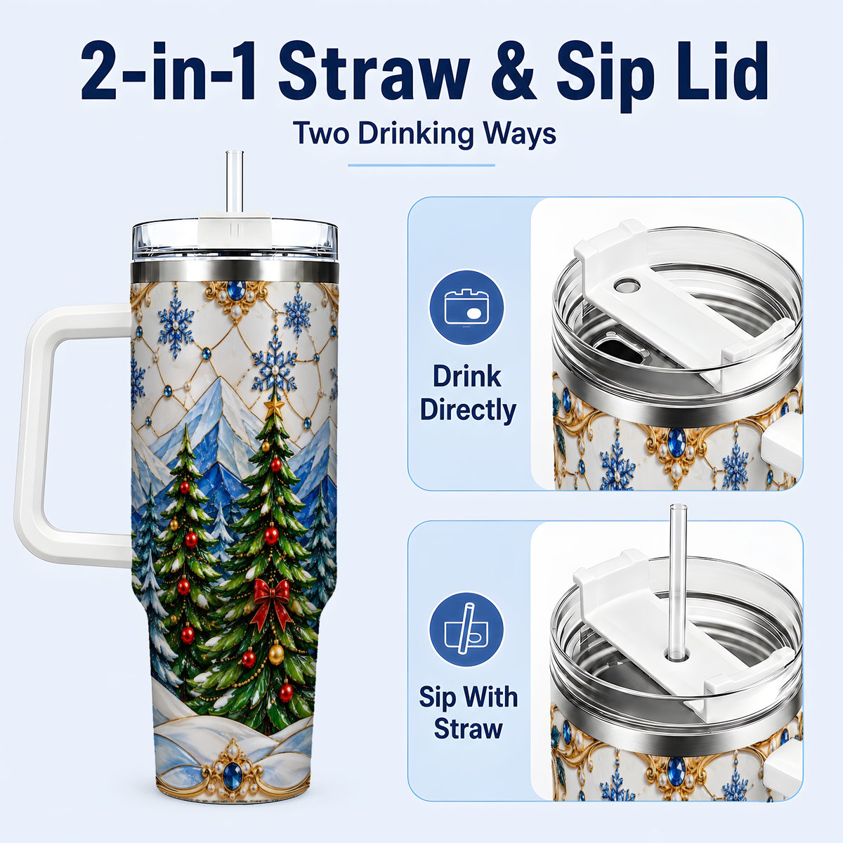 #pl[40oz|White] Christmas Tree 40oz Tumbler with Handle, Winter Stainless Steel Travel Cup