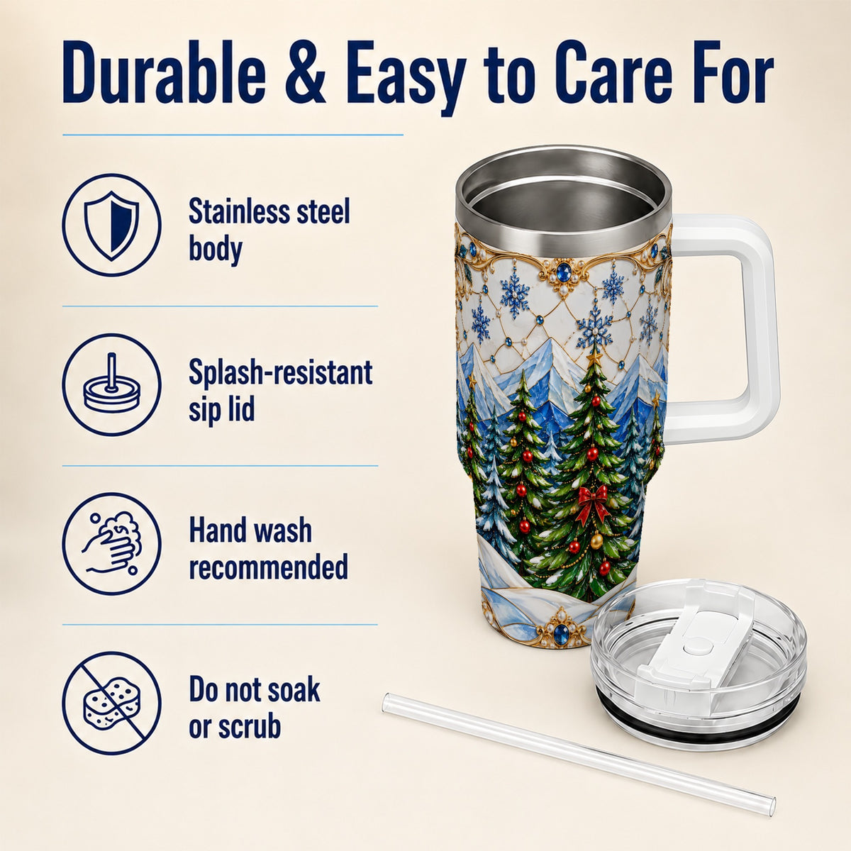 Christmas Tree 40oz Tumbler with Handle, Winter Stainless Steel Travel Cup