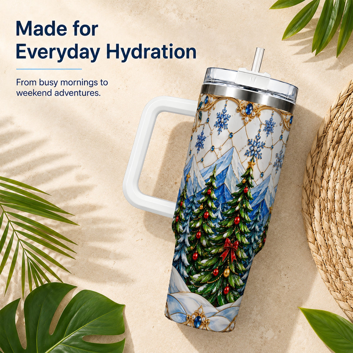 Christmas Tree 40oz Tumbler with Handle, Winter Stainless Steel Travel Cup